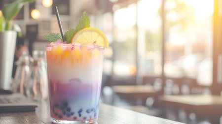 A refreshing colorful beverage served in a glass with lemon and mint, perfect for summer relaxation. Ideal for cafes and bars with a vibrant atmosphere.の素材
