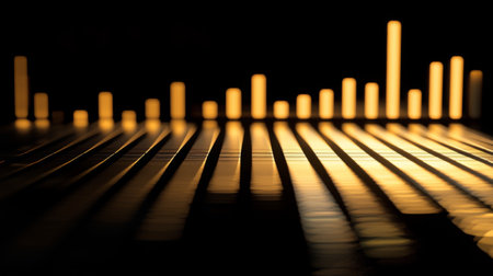 This captivating image features an abstract sound wave visualization in orange hues against a black background, creating a striking contrast and mood.の素材