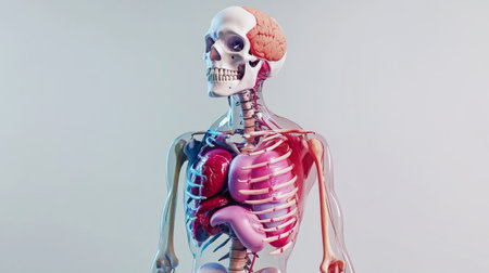 Explore this detailed anatomical model showcasing the human skeleton and internal organs. Perfect for educational purposes, studying biology, and medical illustrations.の素材