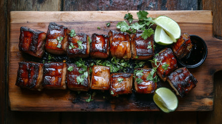 This vibrant image showcases grilled pork belly pieces garnished with fresh herbs and lime, presented on a rustic wooden board, highlighting its savory appeal.の素材