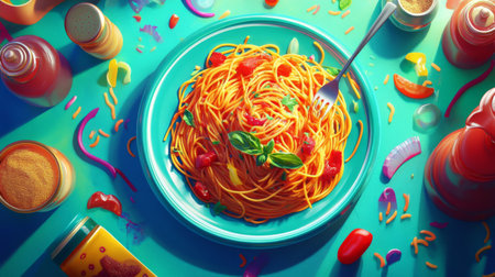 A vibrant plate of spaghetti adorned with fresh tomatoes and basil, surrounded by various sauces. A feast for the eyes that celebrates culinary art.の素材