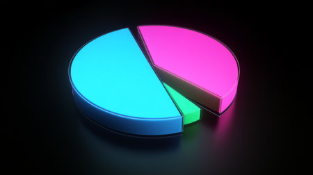 This vibrant neon pie chart on a black background serves as a striking visual for data representation. Ideal for presentations and creative projects.の素材