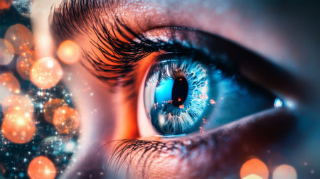 This striking close-up image showcases a vivid blue eye, surrounded by captivating bokeh lights, creating an artistic and mesmerizing effect. Perfect for creative projects.の素材