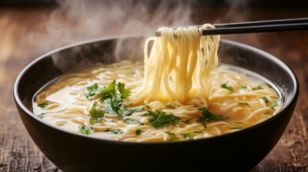 A steaming bowl of flavorful noodle soup with fresh herbs, ideal for comfort food lovers. Enjoy the savory broth, perfectly cooked noodles, and vibrant colors.の素材