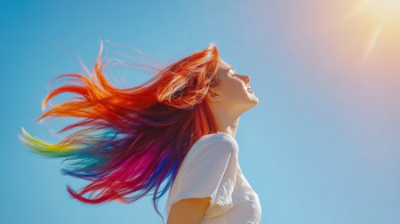 A joyful woman with vibrant rainbow hair stands in profile against a bright blue sky, enjoying the warmth of sunlight and freedom. Her flowing hair adds movement to the serene scene.の素材