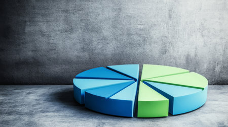 A vibrant pie chart with blue and green sections rests on a textured concrete surface, ideal for illustrating data insights in business presentations or reports.の素材