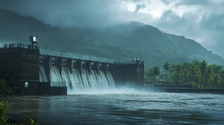 A stunning view of a dam releasing water into a river under a stormy sky. Lush greenery and mountains create a dramatic backdrop, showcasing nature's power.の素材