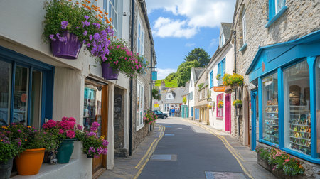 A charming alley in a coastal village adorned with vibrant flower pots and colorful buildings. This picturesque scene invites exploration and relaxation.の素材