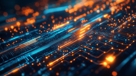 Explore this vivid abstract technology background featuring blue and orange circuit patterns. Ideal for showcasing innovation and digital design concepts.の素材