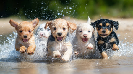 Four adorable puppies joyfully splash through the water at the beach, embodying the spirit of playfulness and summer fun. Their excitement brings happiness to any viewer.の素材