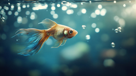 A stunning goldfish glides gracefully through a serene underwater space, surrounded by shimmering bubbles and soft light, capturing the essence of aquatic beauty.の素材