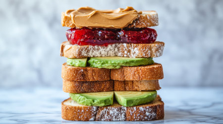 This creative sandwich showcases layers of peanut butter, jelly, and fresh avocado, perfect for a nutritious meal or snack. Visually appealing and delicious!の素材