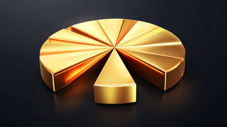 This golden pie chart design highlights shiny segments, ideal for financial presentations and business growth concepts, offering a sleek and professional look.の素材