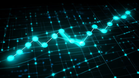 This abstract image features a captivating data visualization with glowing lines and dots, representing growth trends. Ideal for technology and finance projects.の素材