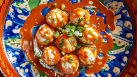 A vibrant arrangement of dumplings served with a spicy sauce, garnished with fresh green onions. This colorful dish represents culinary creativity and flavor.の素材