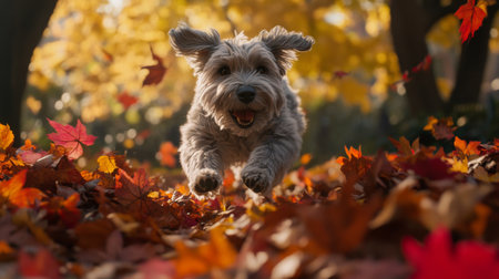 A lively dog leaps joyfully through a carpet of vibrant autumn leaves, capturing the essence of playfulness and the beauty of nature during fall.の素材