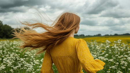 A young woman in a flowing yellow dress stands in a field of flowers, her hair dancing in the wind under dynamic clouds. The scene conveys a sense of freedom and natural beauty.の素材