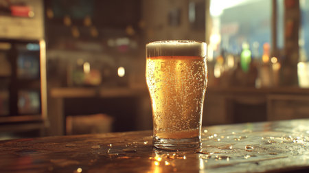 A refreshing glass of beer sits on a rustic bar top, capturing the warm and inviting atmosphere of a pub, with bubbles rising through the amber liquid.の素材