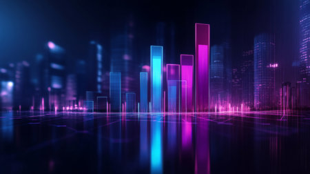 A vibrant digital cityscape features colorful 3D bar graphs illuminated by neon lights. This visually striking representation highlights data analytics, growth trends, and technological advancement.の素材