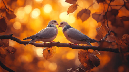 Two birds share a tender moment on a branch surrounded by autumn leaves, creating a serene scene with warm golden hues and a peaceful ambiance.の素材