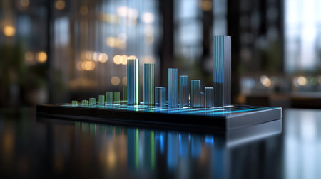 A sleek 3D bar graph visualization created for business analytics in a modern office environment, representing data trends and financial metrics dynamically.の素材