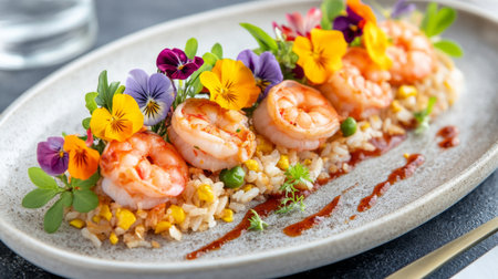 A beautifully arranged shrimp dish featuring vibrant edible flowers and rice garnished with fresh greens. Perfect for showcasing culinary artistry.の素材