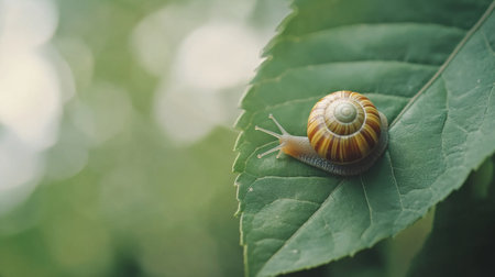 A charming snail glides gracefully on a vibrant green leaf, showcasing its beautifully patterned shell in a tranquil natural setting.の素材
