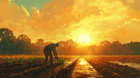 A dedicated farmer bends over to tend to crops in a vibrant field during sunset. The warm colors of the sky illuminate the serene landscape, highlighting rural life.の素材