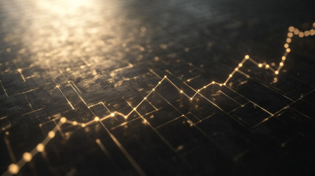 Dynamic digital visual of a glowing financial chart on a dark surface, illustrating the concept of investment trends and market fluctuations in a modern style.の素材