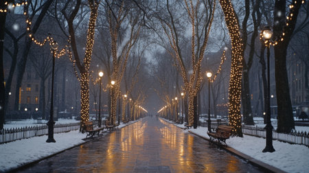 A serene winter park scene featuring illuminated trees, gently falling snow, and glowing street lamps casting warm light on the wet path, creating a peaceful atmosphere.の素材