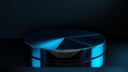 A sleek round metallic object is illuminated by soft blue light, showcasing its geometric segments. The minimalist design emphasizes texture and reflection, perfect for modern aesthetics.の素材
