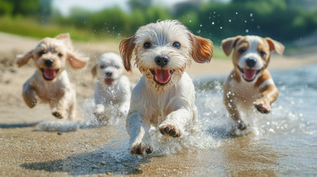 Four joyful dogs run and splash through the water on a sunny beach. Their playful energy and excitement create a vibrant scene of happiness and companionship.の素材