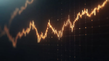 A visually captivating abstract representation of a financial chart with glowing lines illustrating market trends, data points, and fluctuating analysis in a digital landscape.の素材