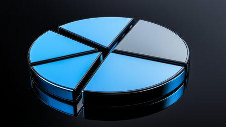 A modern glossy pie chart representation in blue tones on a dark background. This image illustrates data analysis and business performance, perfect for presentations and reports.の素材