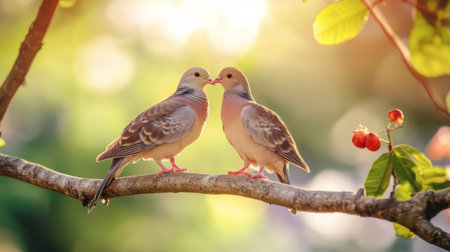 This enchanting image captures a romantic moment between two birds perched on a branch, bathed in soft morning light, showcasing nature's beauty and connection.の素材