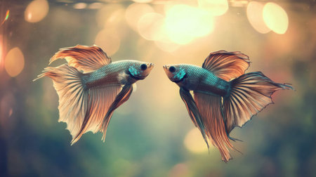 Two beautiful betta fish swim gracefully in clear water, illuminated by shimmering light. The scene captures the elegance and vibrant colors of these aquatic creatures.の素材