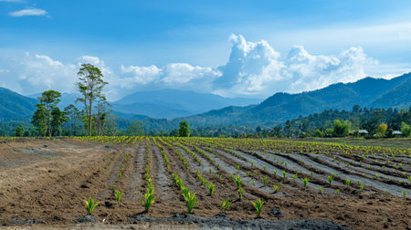 Lush green rice fields stretch towards mountains under a bright blue sky. The scene captures the tranquility of rural agriculture and the beauty of nature's landscape.の素材