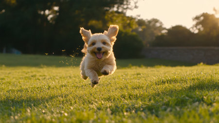 A joyful puppy runs freely across a lush green field during sunset, capturing the essence of carefree play. This lively scene embodies happiness and adventure.の素材