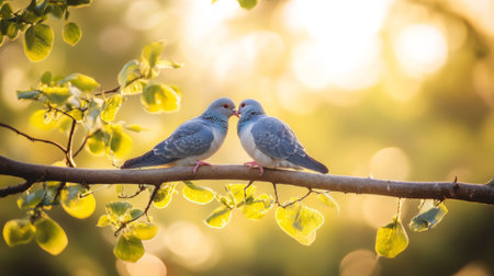 Two beautiful birds share a tender moment on a branch, surrounded by soft greenery and warm sunlight, capturing the essence of love and connection in nature.の素材