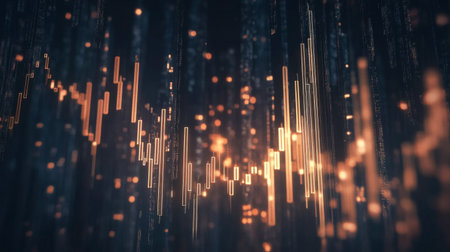 Explore an abstract digital visualization representing data flow and stock trends, featuring dynamic lines, soft glowing lights, and a futuristic feel.の素材