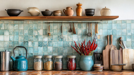 A vibrant and inviting kitchen counter showcasing colorful utensils, jars filled with spices, and fresh chili, perfect for culinary enthusiasts and home decor.の素材