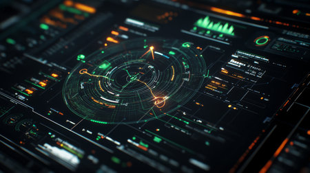 This image features a futuristic digital interface showcasing complex data visualizations, charts, and metrics. Perfect for tech and analytics themes.の素材