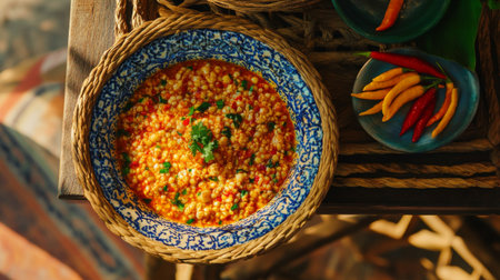 A vibrant couscous dish garnished with fresh herbs and colorful spices, perfect for showcasing Mediterranean cuisine and healthy, homemade meals.の素材