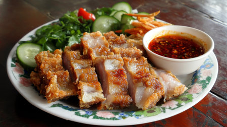 Enjoy a mouth-watering plate of crispy fried pork belly served with fresh vegetables and a tangy dipping sauce, perfect for any meal or gathering.の素材