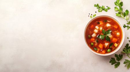 This image features a vibrant vegetable soup in a white bowl, garnished with fresh parsley. The background highlights a simple table surface, emphasizing the healthy ingredients and inviting presentation.の素材