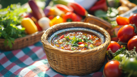 A vibrant vegetable soup in a rustic basket showcases fresh, organic ingredients. Surrounded by colorful produce, this scene captures a healthy and inviting meal.の素材