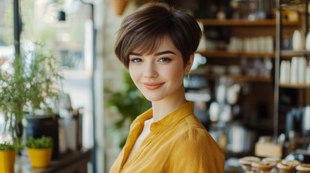 A cheerful young woman with short brown hair smiles warmly in a coffee shop, showcasing a relaxed and inviting atmosphere filled with plants and natural light.の素材