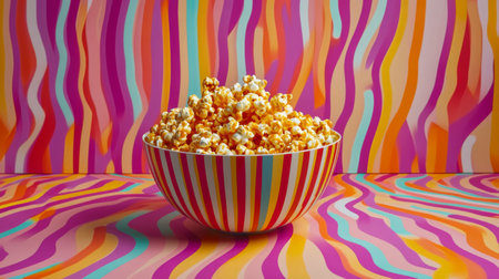 A vibrant bowl of popcorn rests on a playful abstract background. The colorful stripes create a cheerful atmosphere, perfect for parties or movie nights.の素材