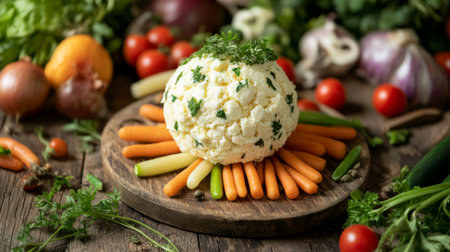 A visually appealing cauliflower dish creatively arranged with fresh vegetables. Perfect for healthy meals, appetizers, or vibrant salads in a rustic setting.の素材