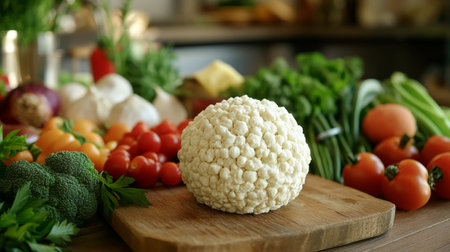 A beautiful arrangement of fresh cauliflower on a wooden board, surrounded by a variety of colorful vegetables. Perfect for culinary displays or healthy cooking inspiration.の素材